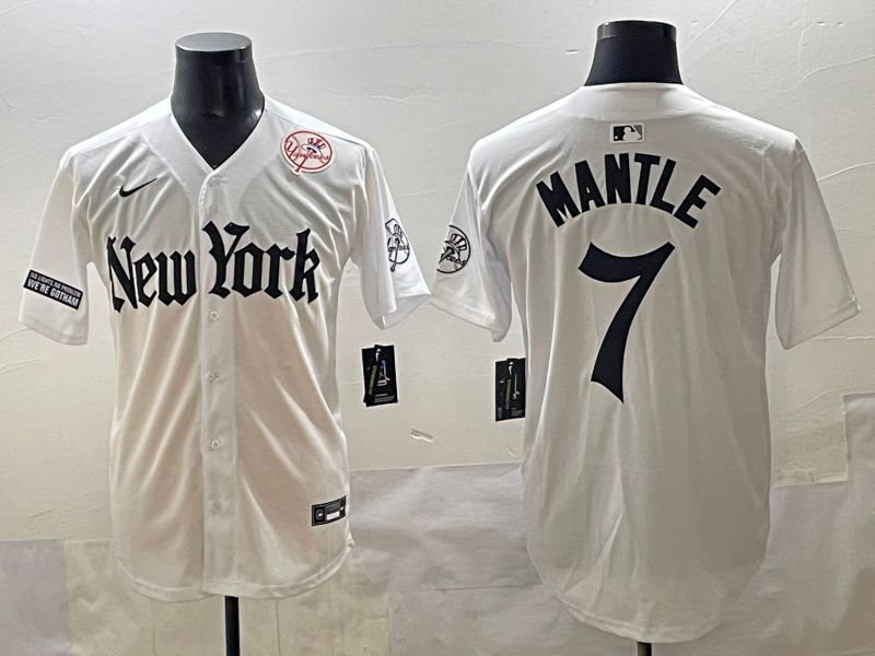 Men 2025 New York Yankees 7 Mantle White Five generations Joint Name Nike MLB Jersey style 13